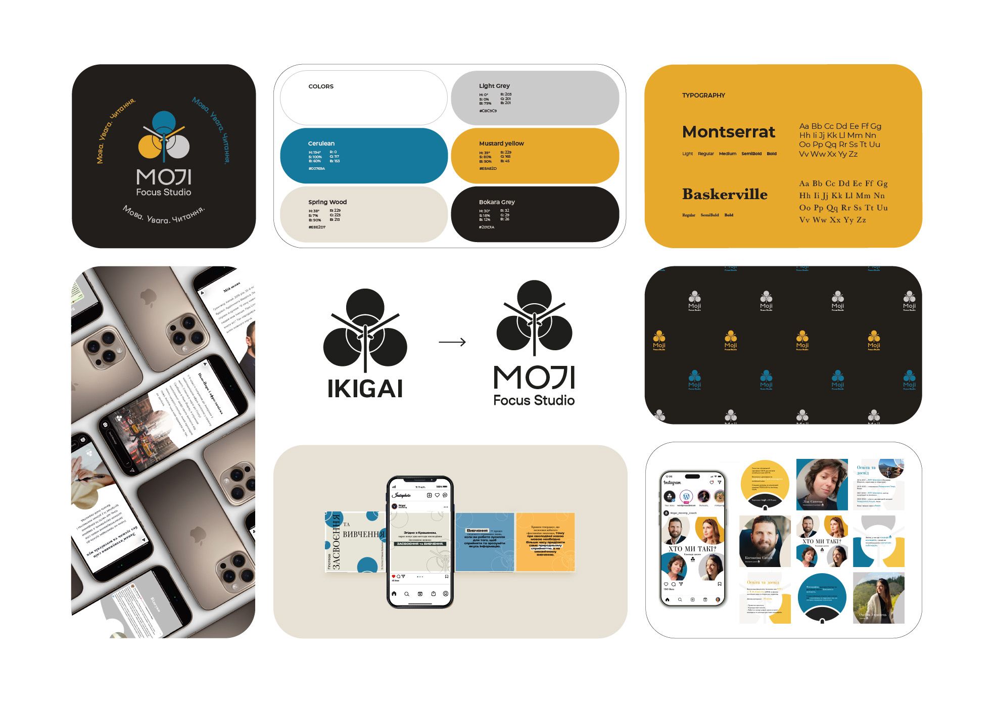 MOJI Focus Studio brand board: the IKIGAI to MOJI logo change, the blue, mustard and beige palette, Montserrat and Baskerville type specimens, the brand pattern, and social media posts on phones.