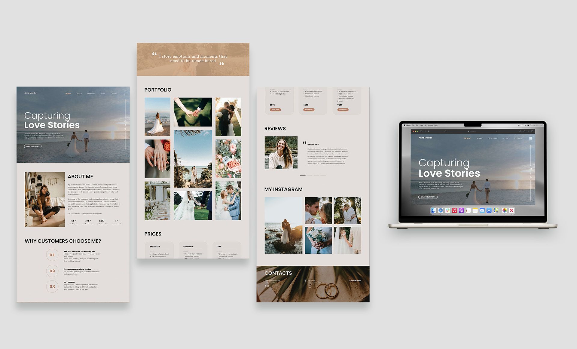 Wedding photographer website mockups: portfolio, prices, reviews and Instagram sections, and the "Capturing Love Stories" homepage on a laptop.